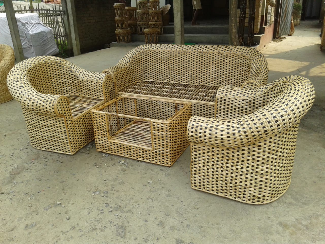 CANE SOFA SET WITH ROUND TABLE